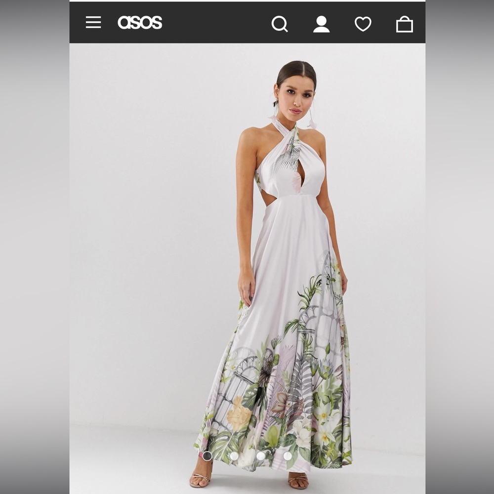 ASOS White Halter Maxi Dress with Green & Lilac Floral Print